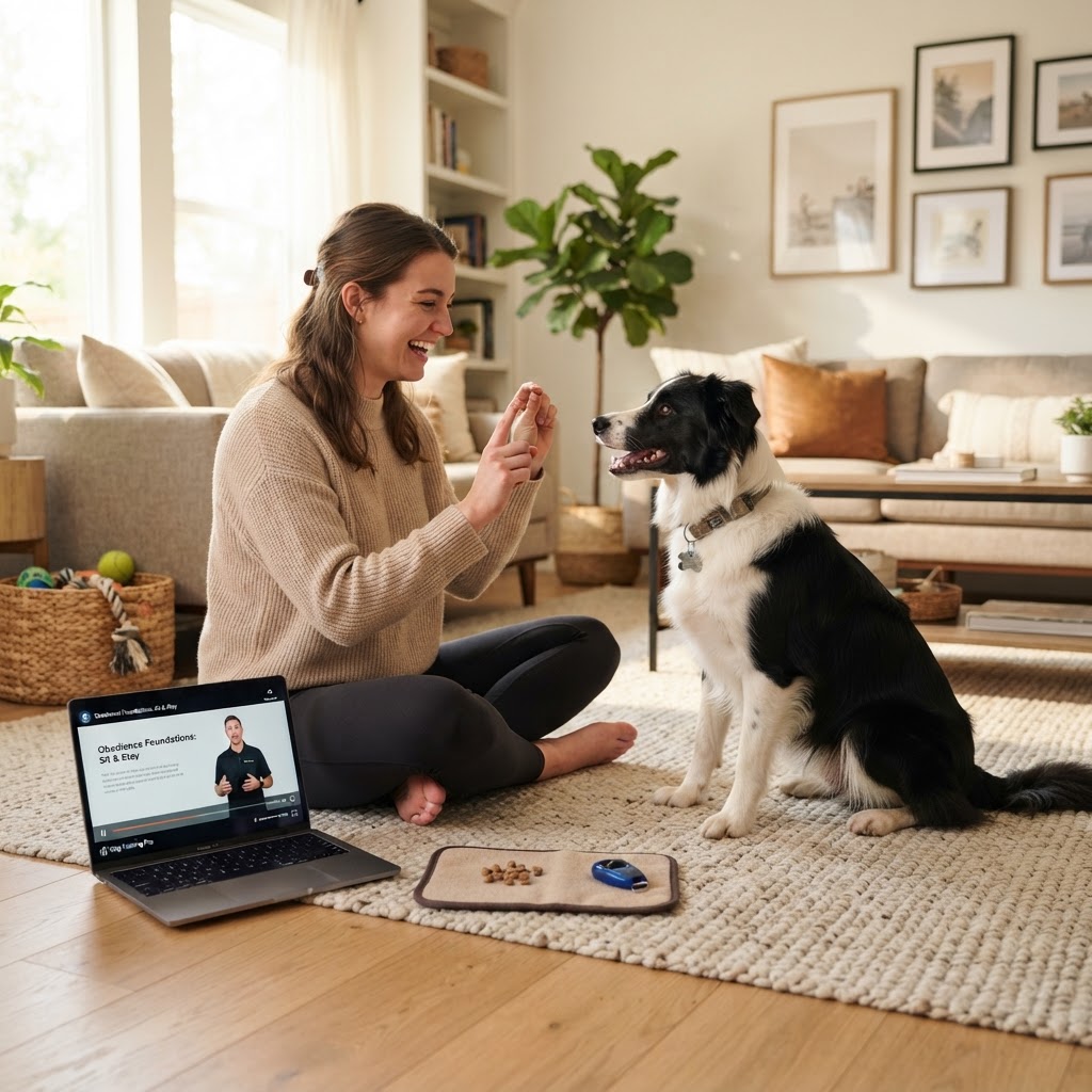 Un propriétaire entraîne son chien au rappel dans un salon, avec un ordinateur portable affichant un cours de dressage chien en ligne