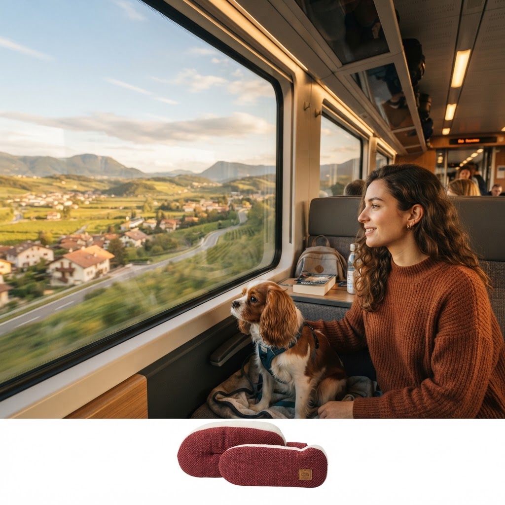 Un chien calme à bord d'un train regardant la campagne européenne par la fenêtre