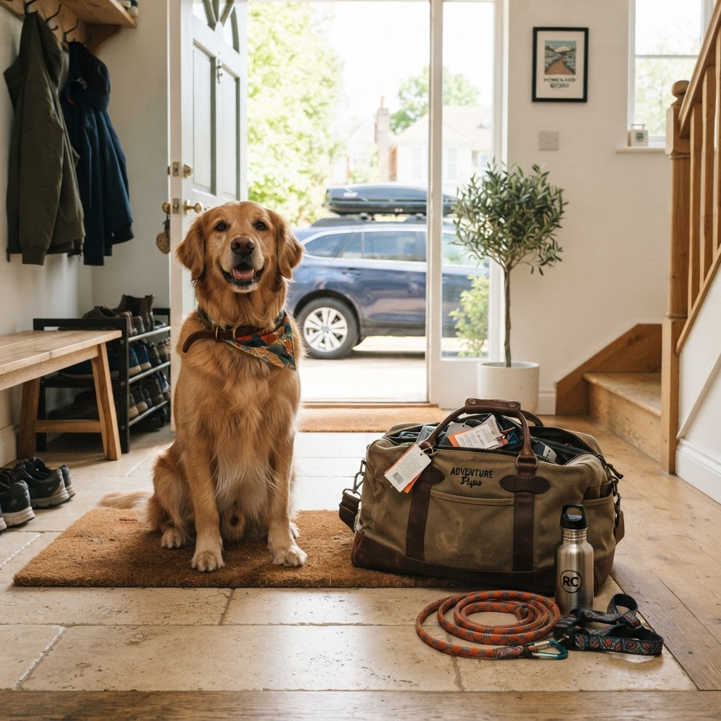 Un chien assis calmement près d'un sac de voyage et d'une laisse avant un départ