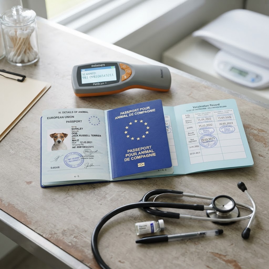 EU dog passport open on a veterinarian's desk with a microchip reader and a vaccination record book