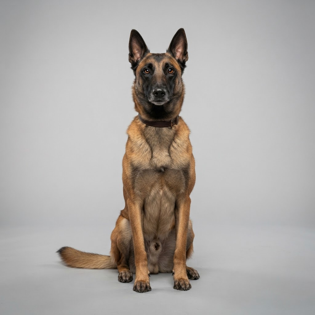 Belgian Malinois sitting in studio