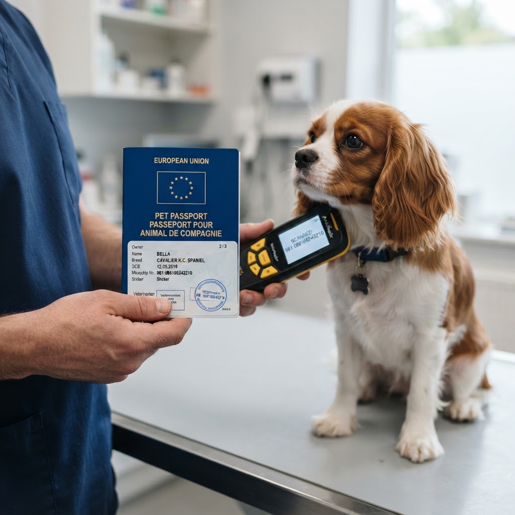 Un passeport européen pour animal de compagnie posé à côté d'un lecteur de puce et d'un chien