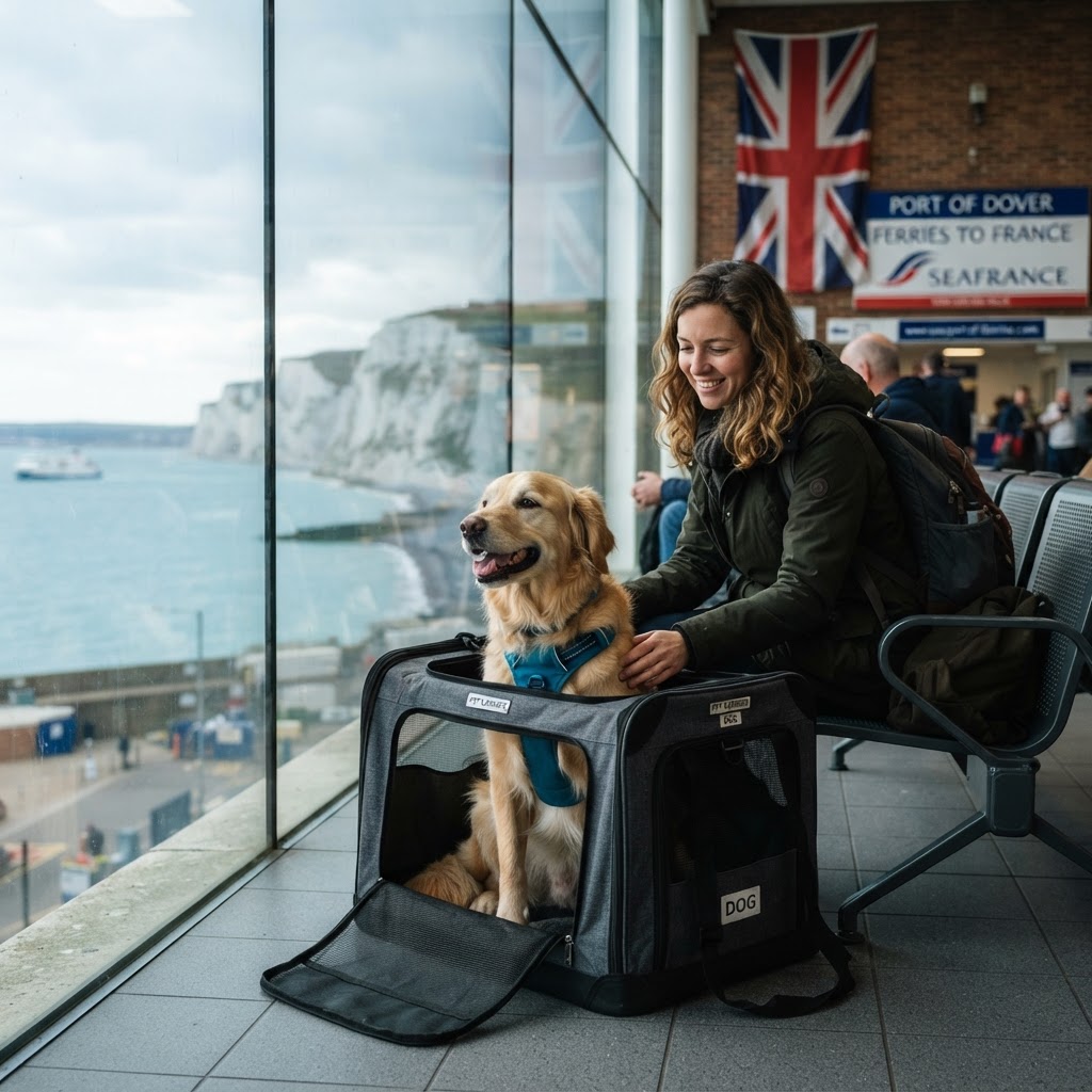 A dog secured in its travel crate at a British ferry terminal, with the white cliffs in the background