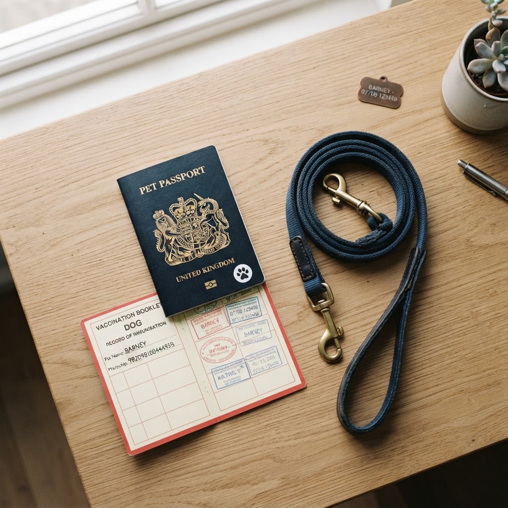 Passeport pour animal, carnet de vaccination et laisse de chien en flat lay sur un bureau