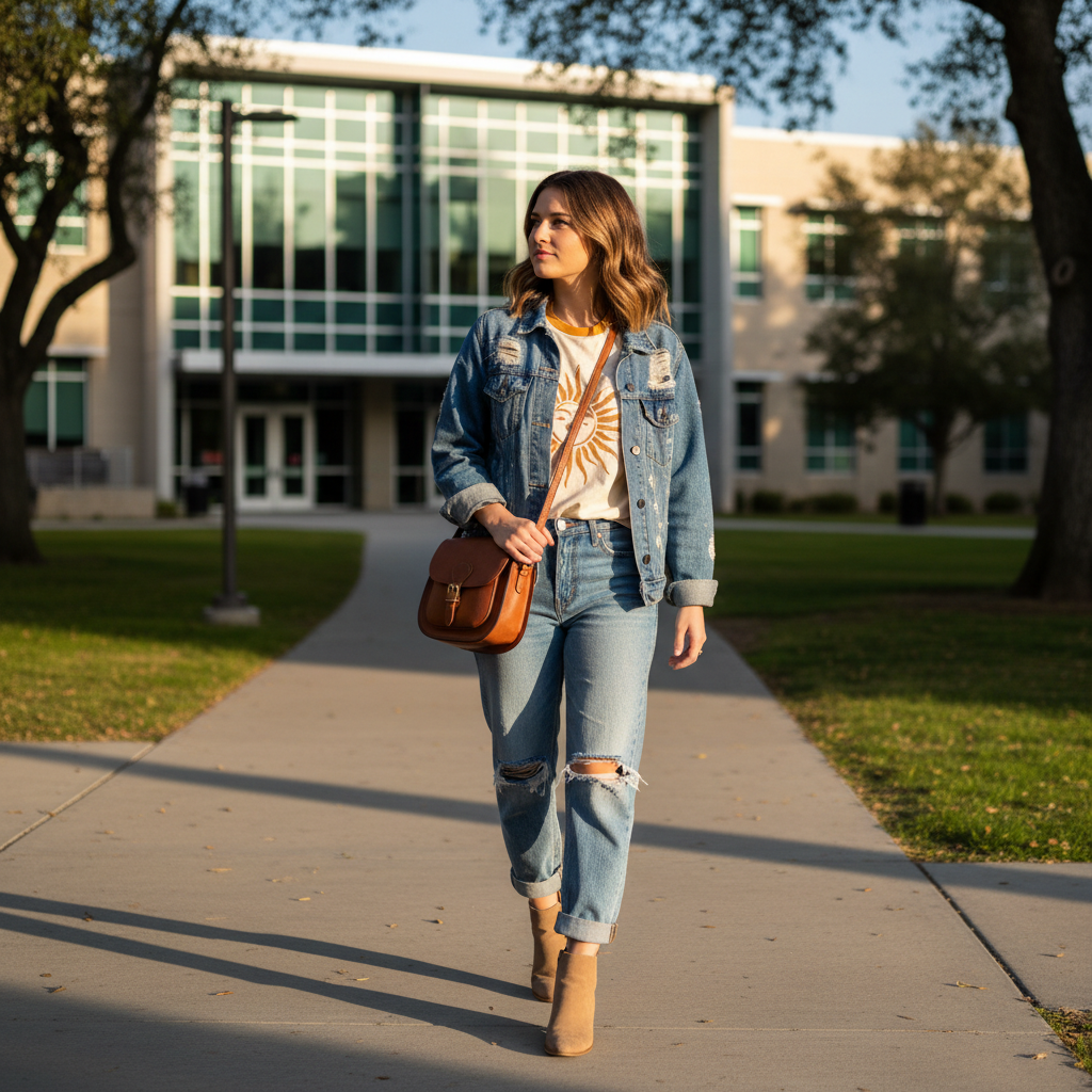 Denim-on-Denim with a White Tee Base — school outfit with blue jeans