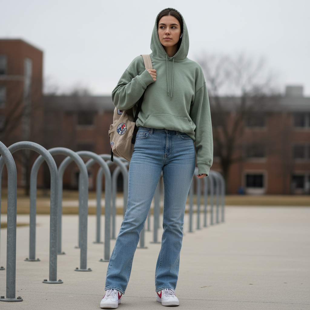 Sage Green Hoodie + Light Blue Flares — school outfit with blue jeans