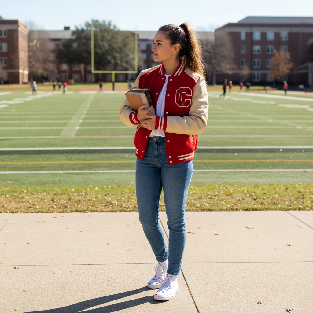 Varsity Jacket + Slim Straight Blue Jeans — school outfit with blue jeans