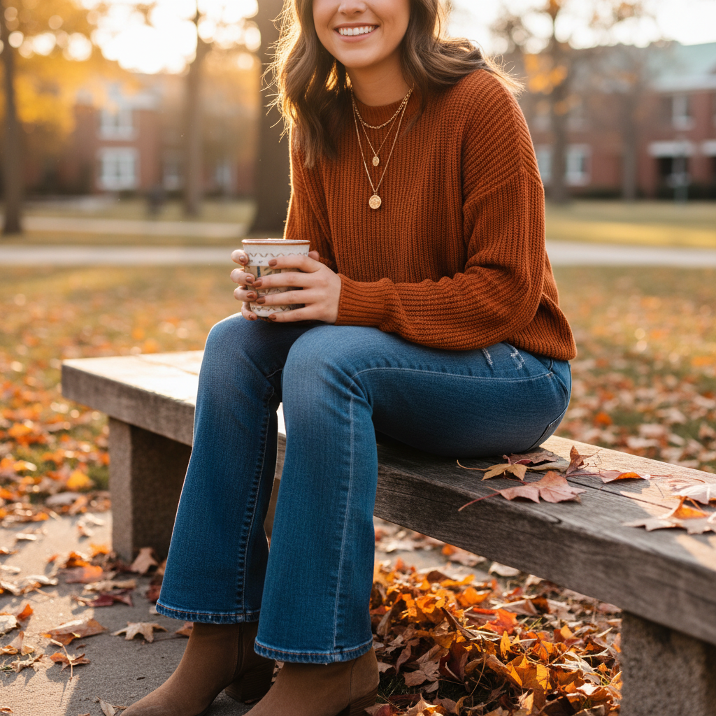 Rust Ribbed Knit + Blue Bootcut Jeans — school outfit with blue jeans