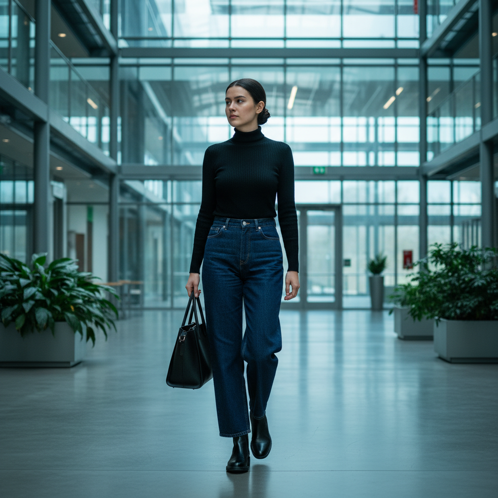 Black Turtleneck + Dark Blue Wide Legs — school outfit with blue jeans