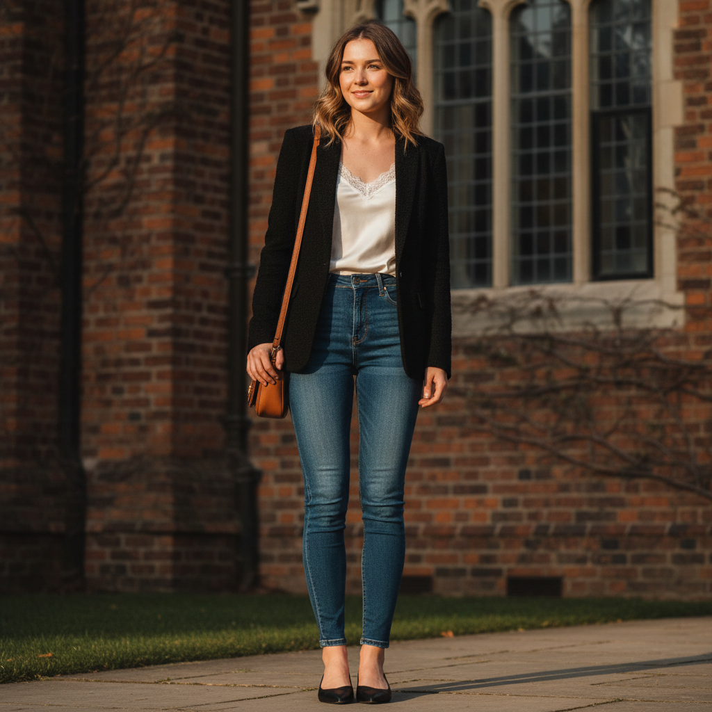 Black Blazer + Dark Blue Skinny Jeans — school outfit with blue jeans