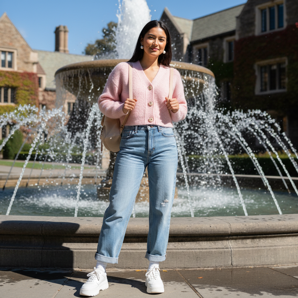 Pastel Pink Cardigan + Light Blue Wide Legs — school outfit with blue jeans