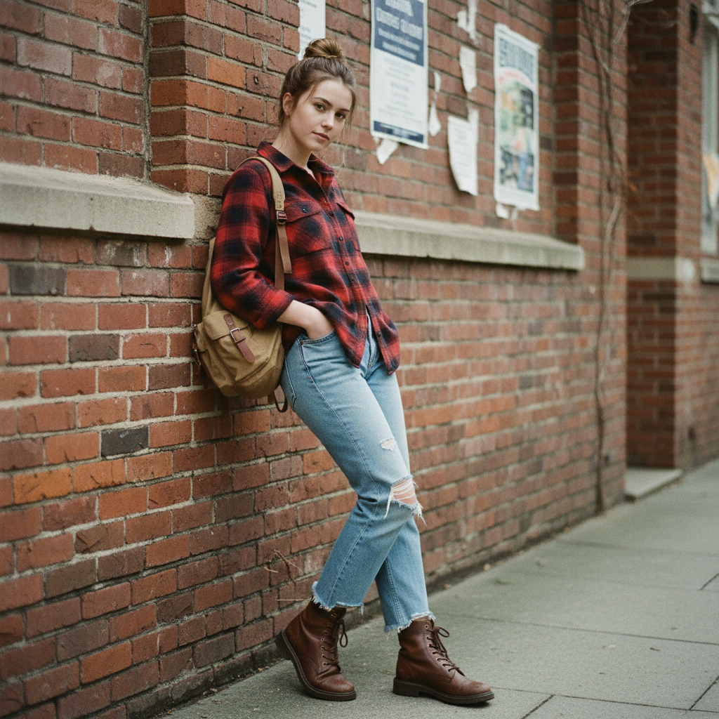 Plaid Flannel + Distressed Light Blue Jeans — school outfit with blue jeans