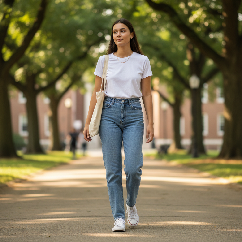 Classic White Tee + Light Blue Straight Legs — school outfit with blue jeans