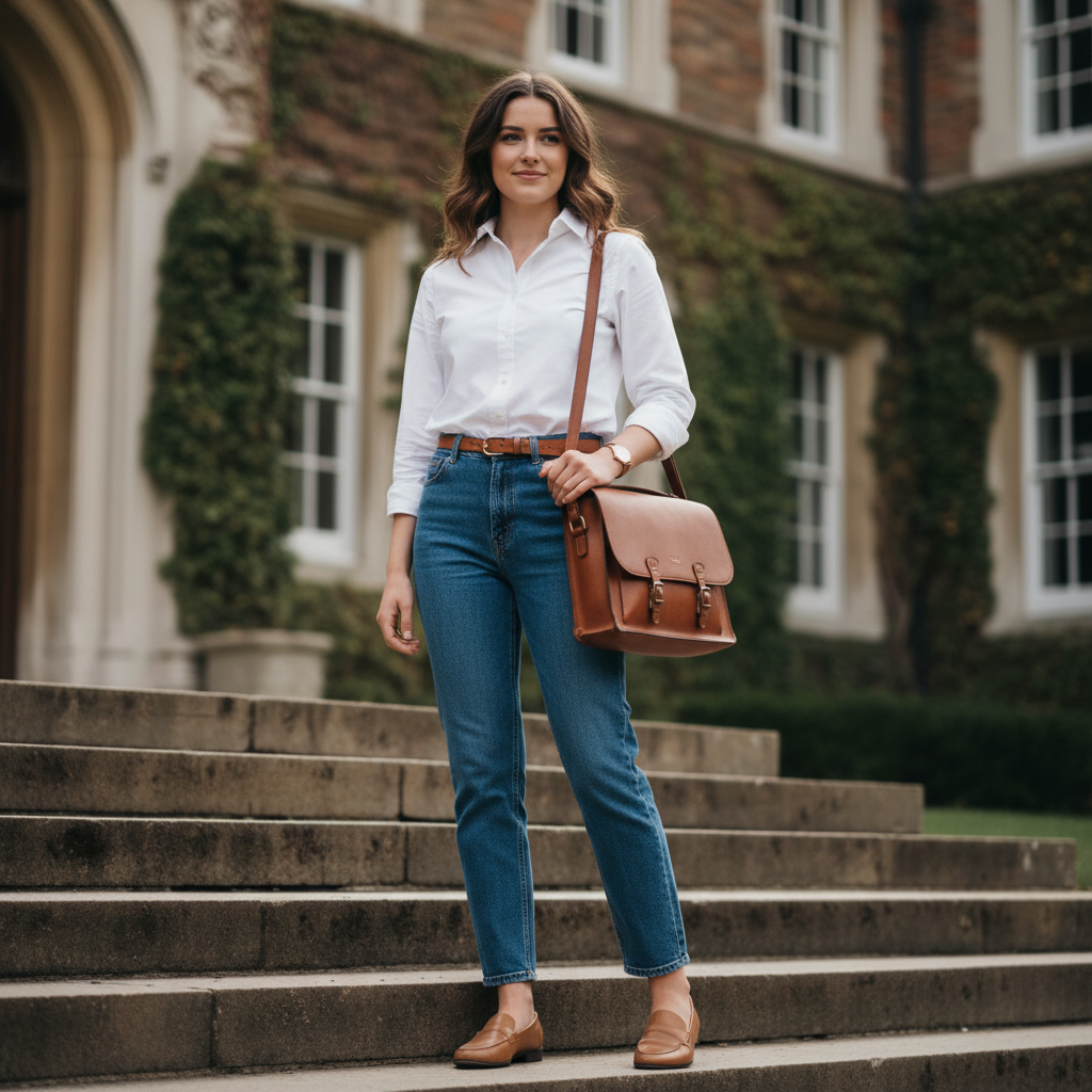 White Oxford Shirt + Classic Blue Straight Jeans — school outfit with blue jeans