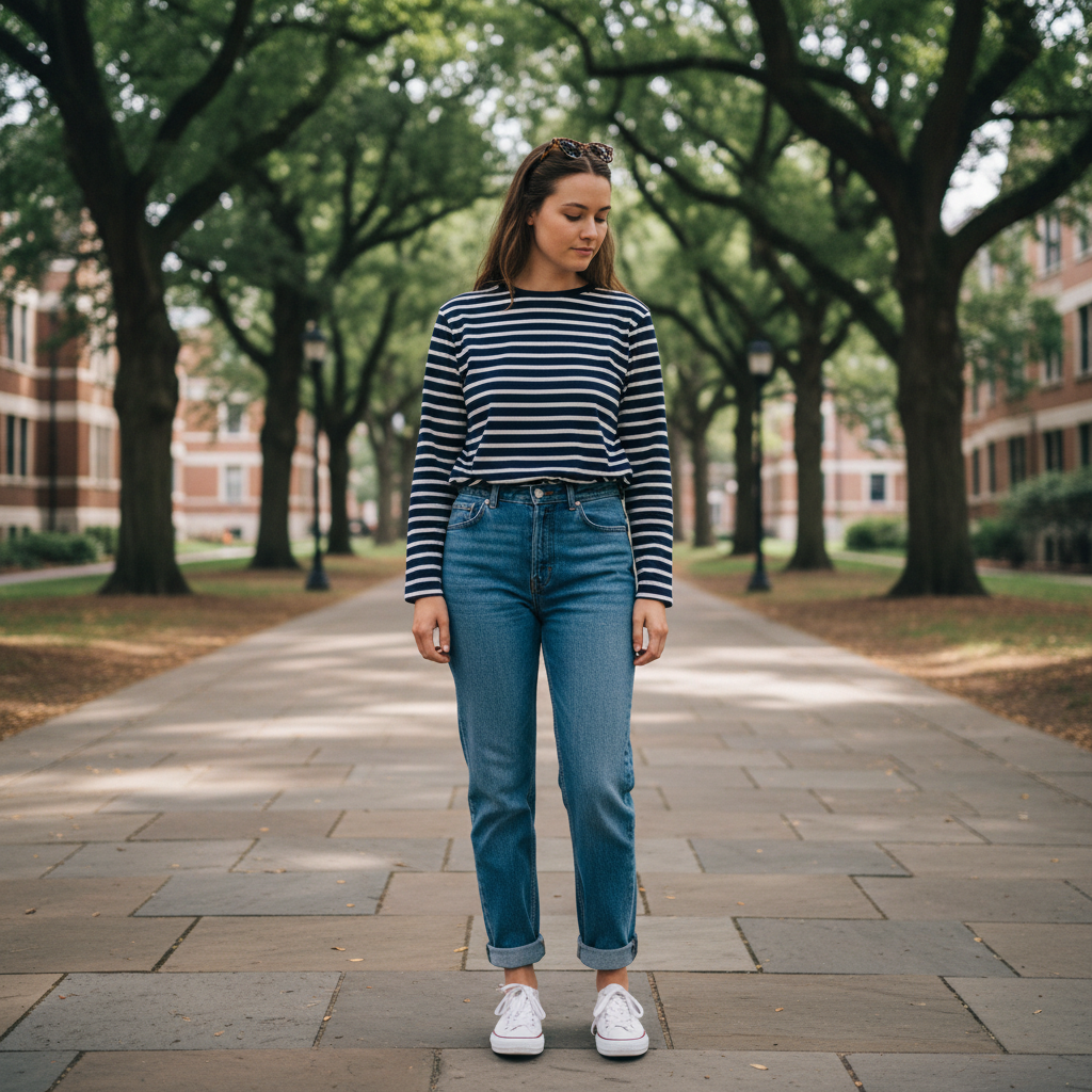 Striped Breton Top + Rolled Straight Jeans — school outfit with blue jeans
