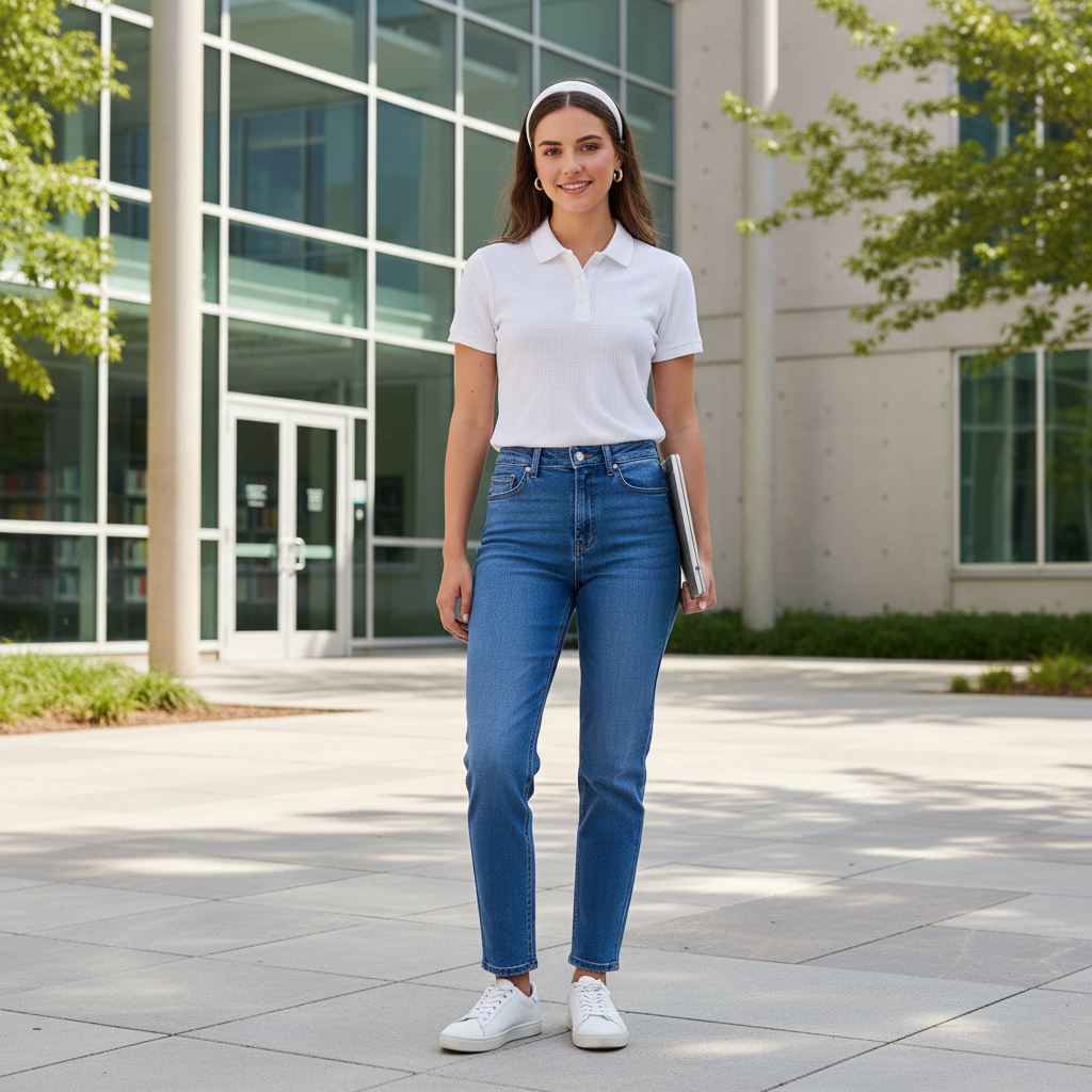 White Polo + Blue Tapered Jeans — school outfit with blue jeans