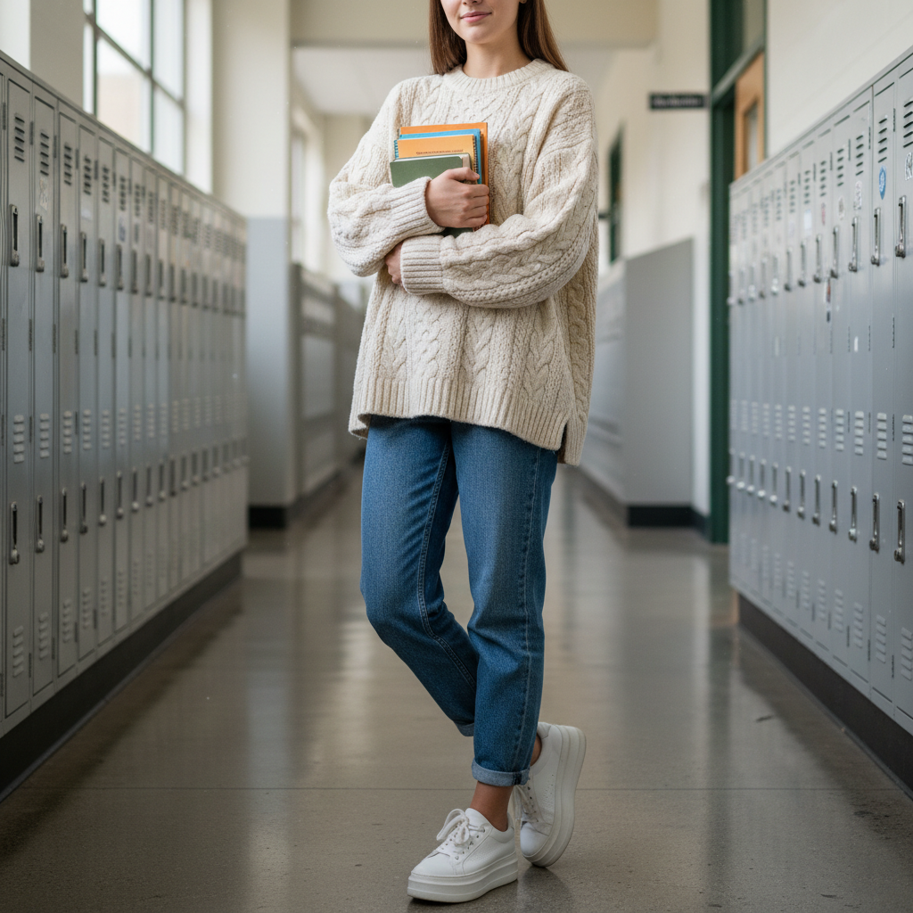 Cozy Cream Sweater + Mom Jeans — school outfit with blue jeans