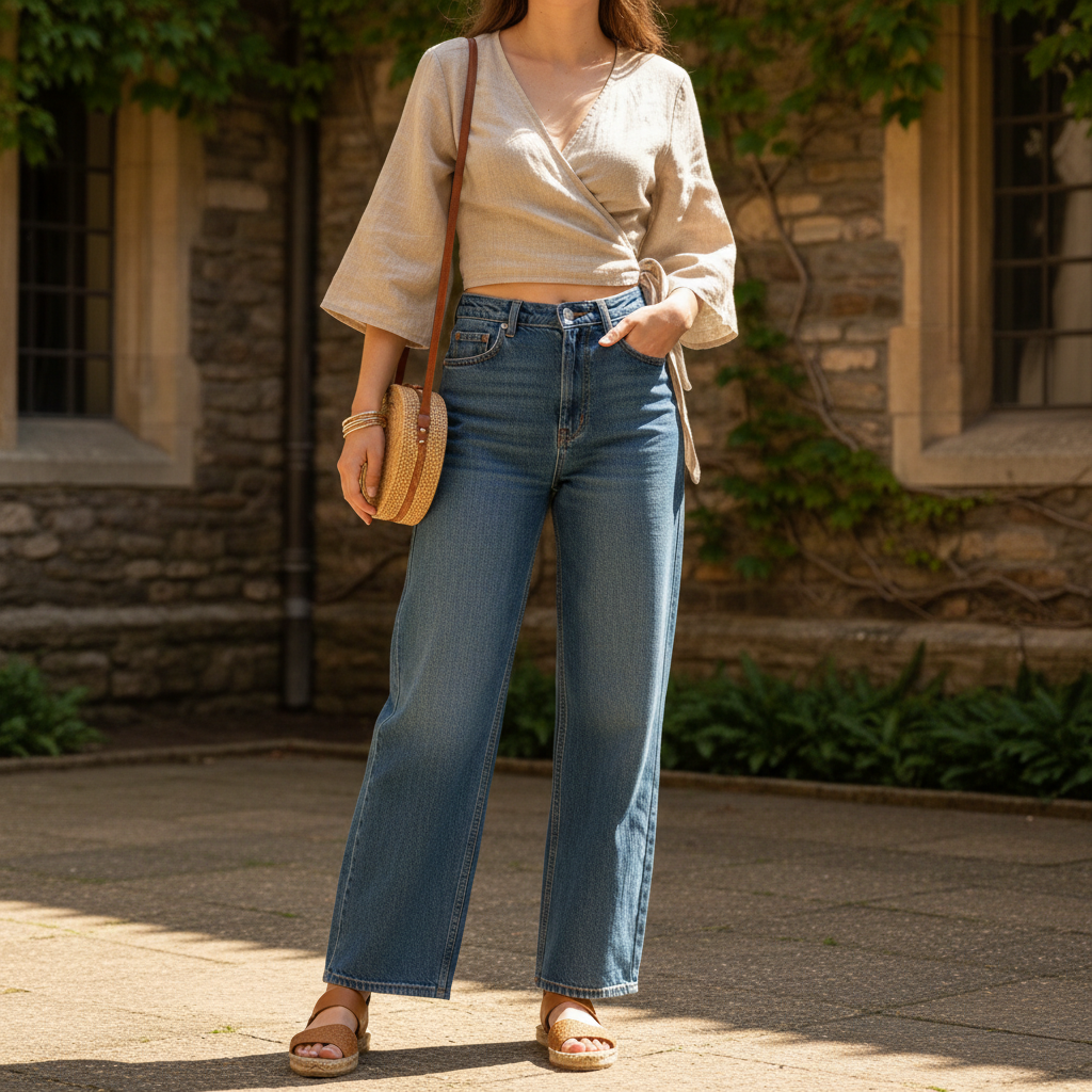 Beige Wrap Top + Medium Blue Wide Legs — school outfit with blue jeans