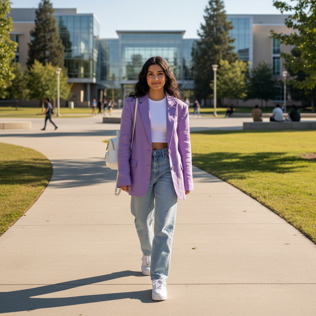 Lavender Oversized Blazer + Light Blue Baggy Jeans — school outfit with blue jeans