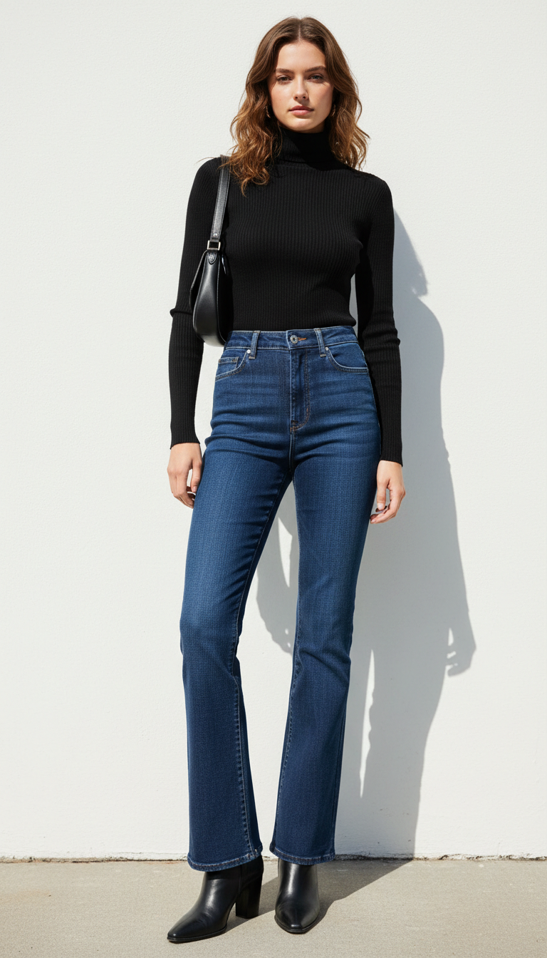 Woman wearing dark blue flared jeans with a black turtleneck and ankle boots