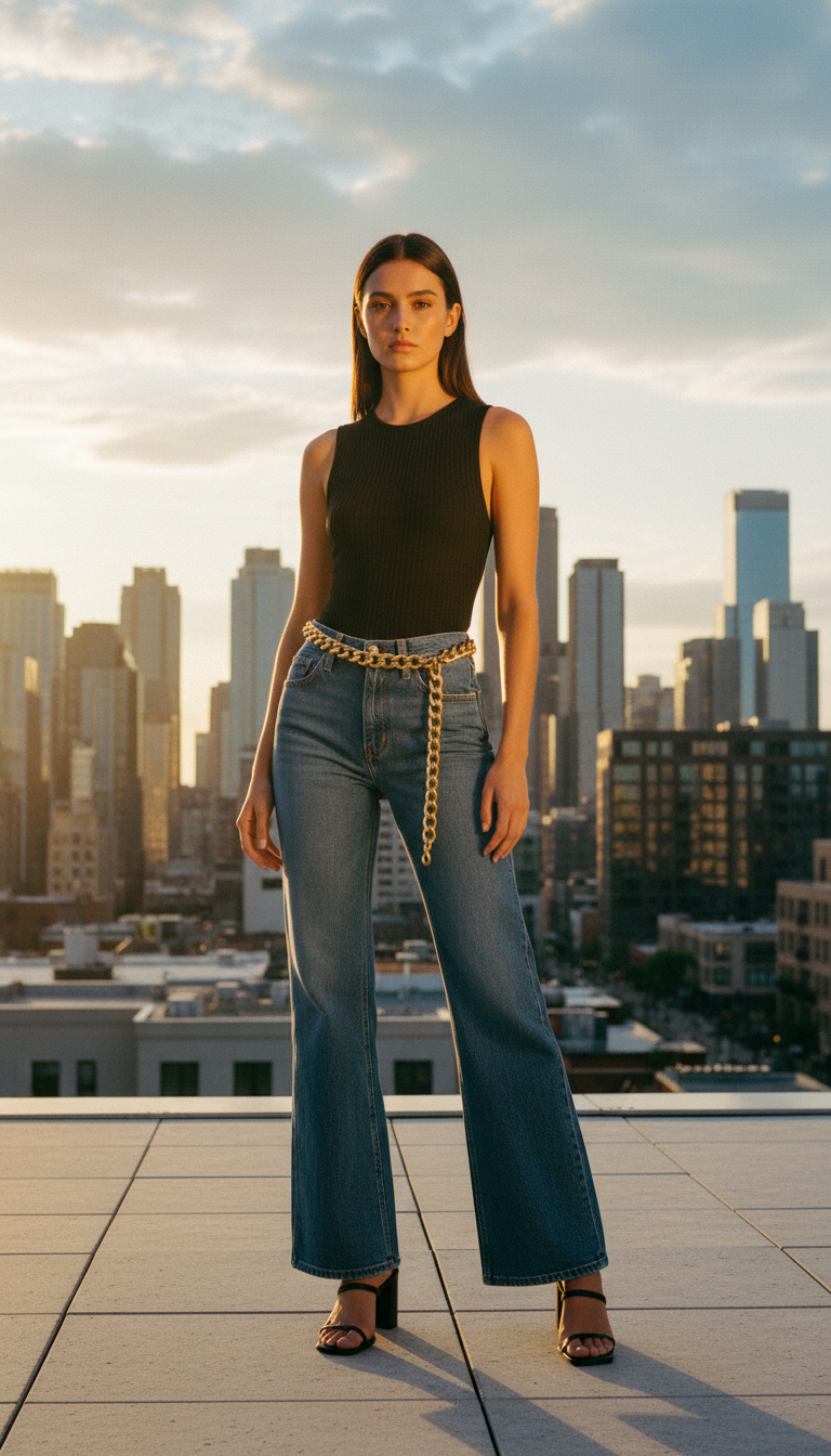 Woman wearing blue flared jeans with a black bodysuit and gold chain belt at golden hour