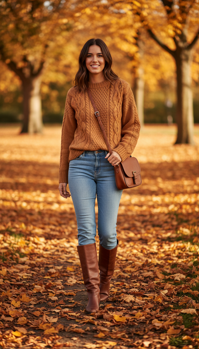 Woman wearing light blue flared jeans with a camel cable-knit sweater and brown knee-high boots in an autumn park