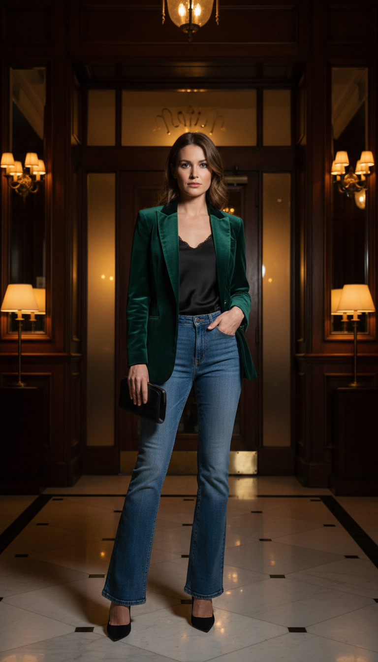 Woman wearing blue flared jeans with an emerald green velvet blazer and black silk camisole