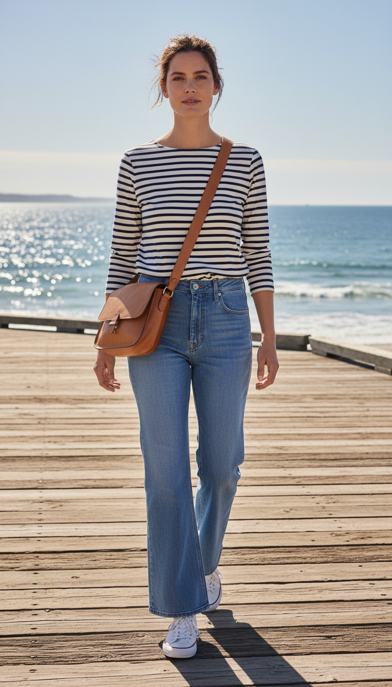 Woman wearing light blue flared jeans with a Breton stripe top walking along a coastal boardwalk