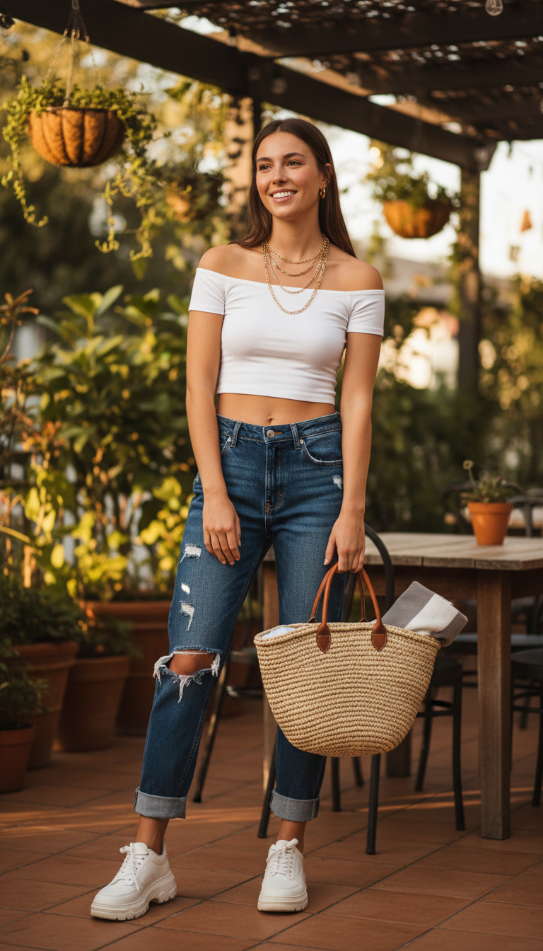 Dark blue ripped jeans outfit: Off-Shoulder Crop Top & Boyfriend Jeans