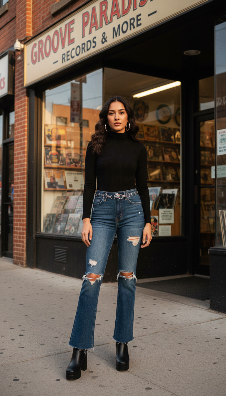 Dark blue ripped jeans outfit: 70s-Inspired Flare Statement