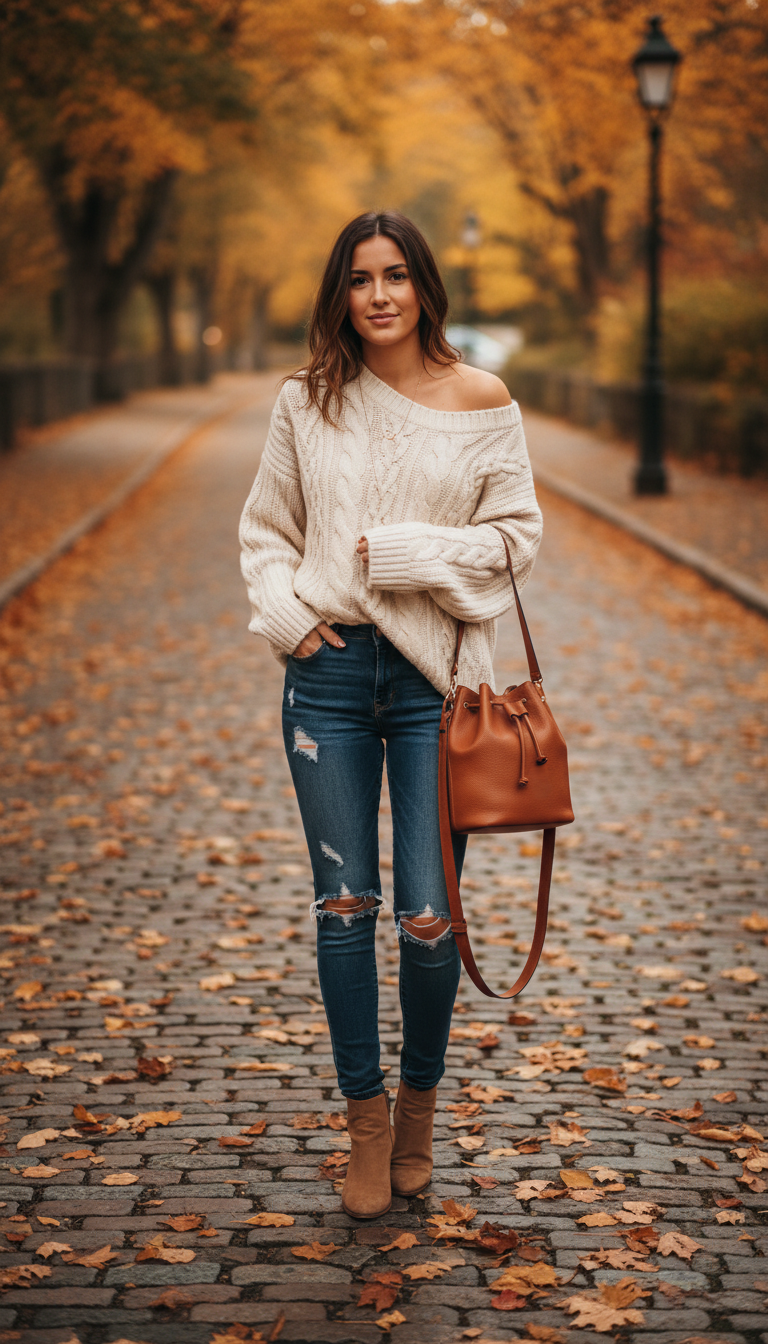 Dark blue ripped jeans outfit: Oversized Sweater & Suede Boots