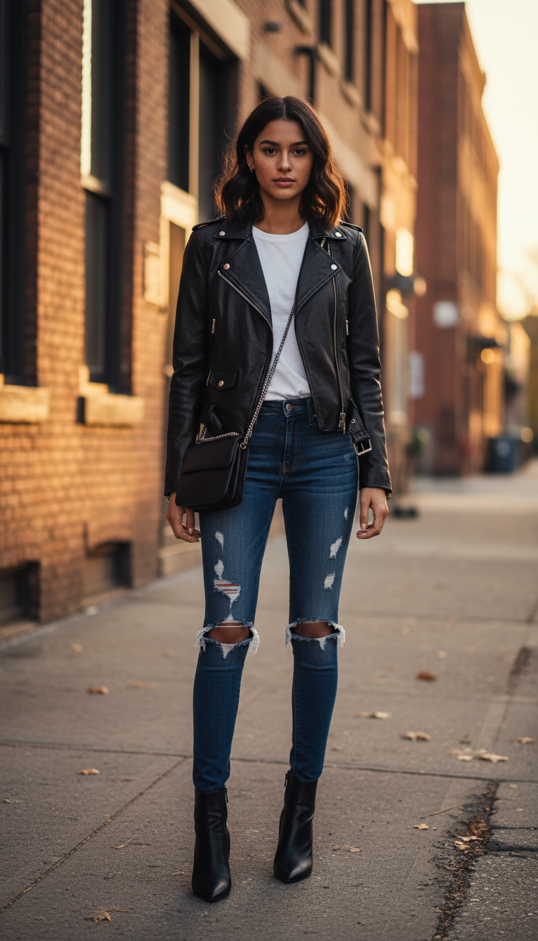 Dark blue ripped jeans outfit: The Classic Leather Jacket Look