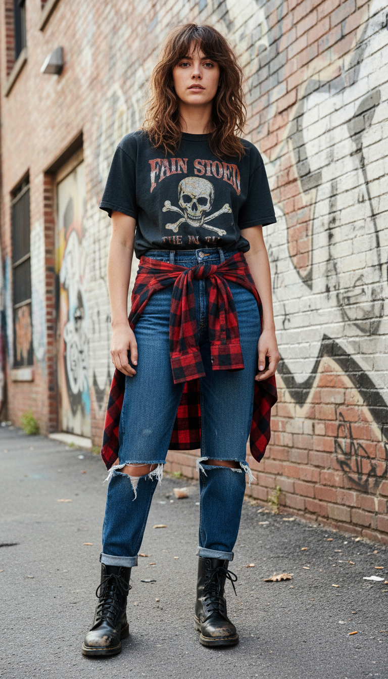 Dark blue ripped jeans outfit: 90s Grunge Revival