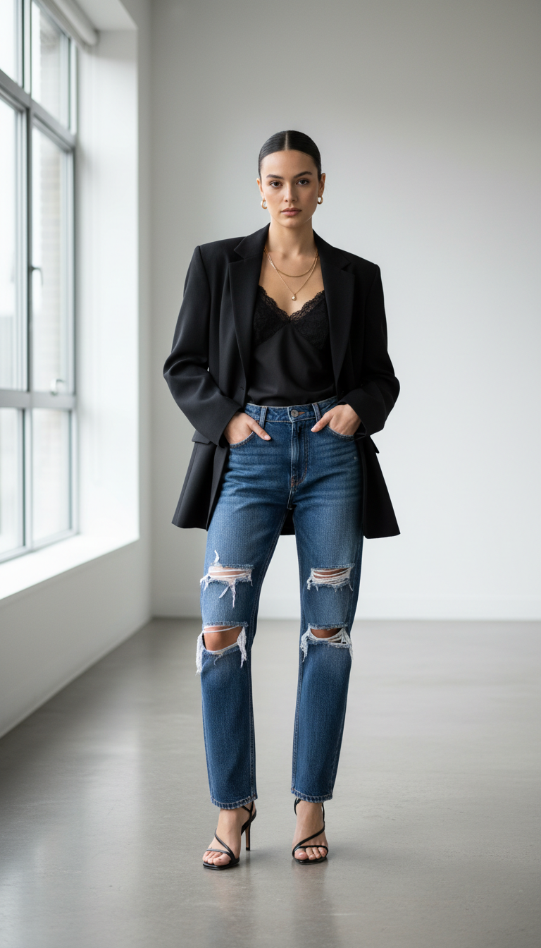 Dark blue ripped jeans outfit: Blazer & Camisole Power Pairing