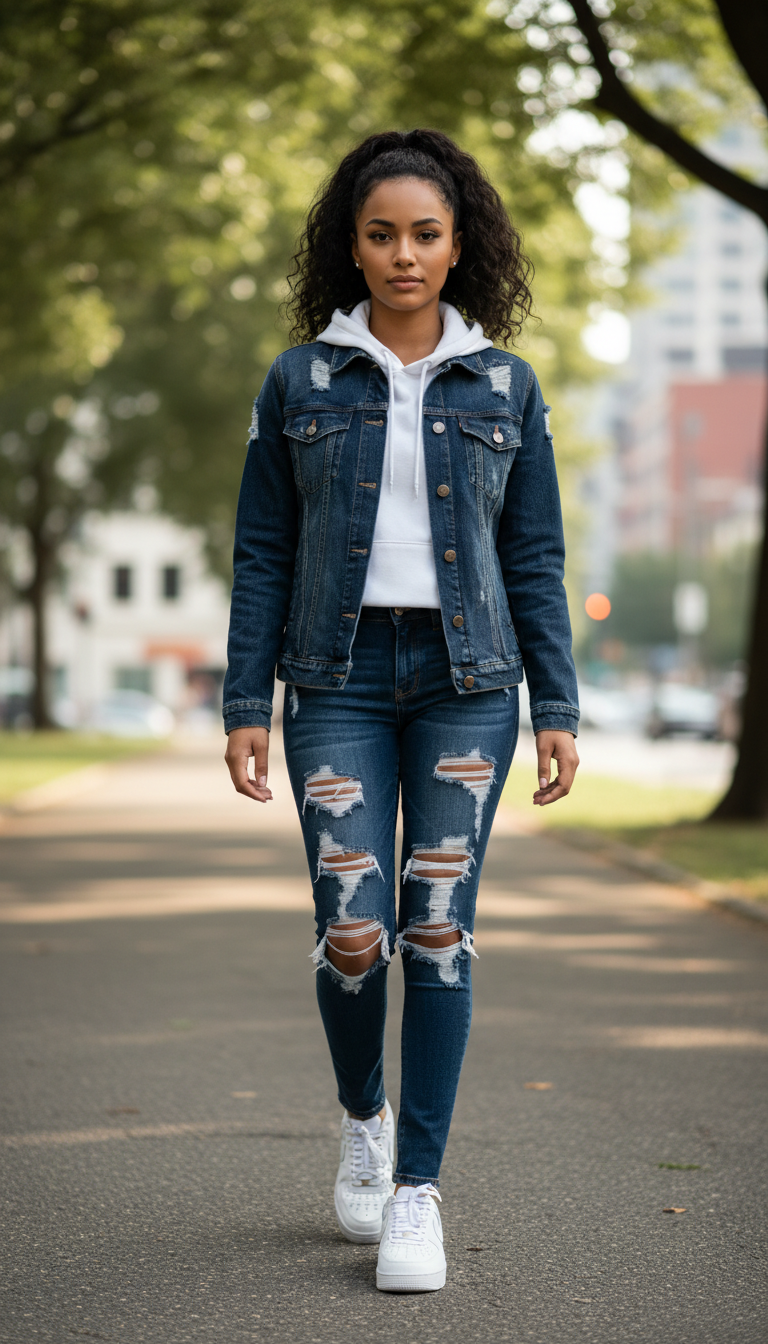 Dark blue ripped jeans outfit: Double Denim Done Right