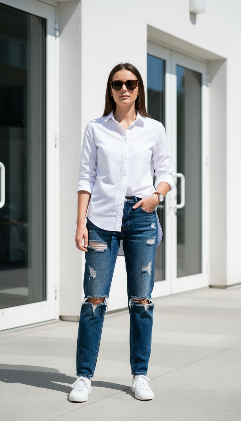 Dark blue ripped jeans outfit: The Smart-Casual White Shirt