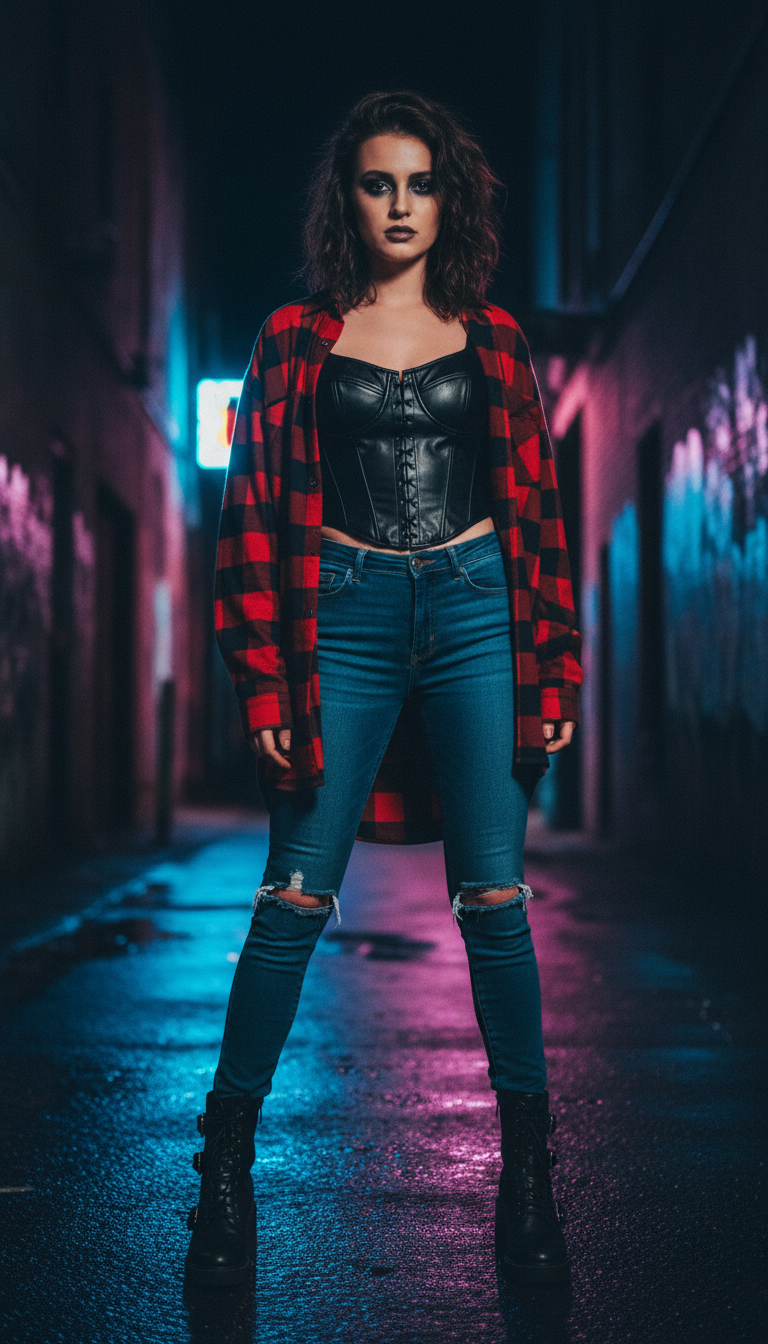 Dark blue ripped jeans outfit: Corset & Flannel Night-Out Edge