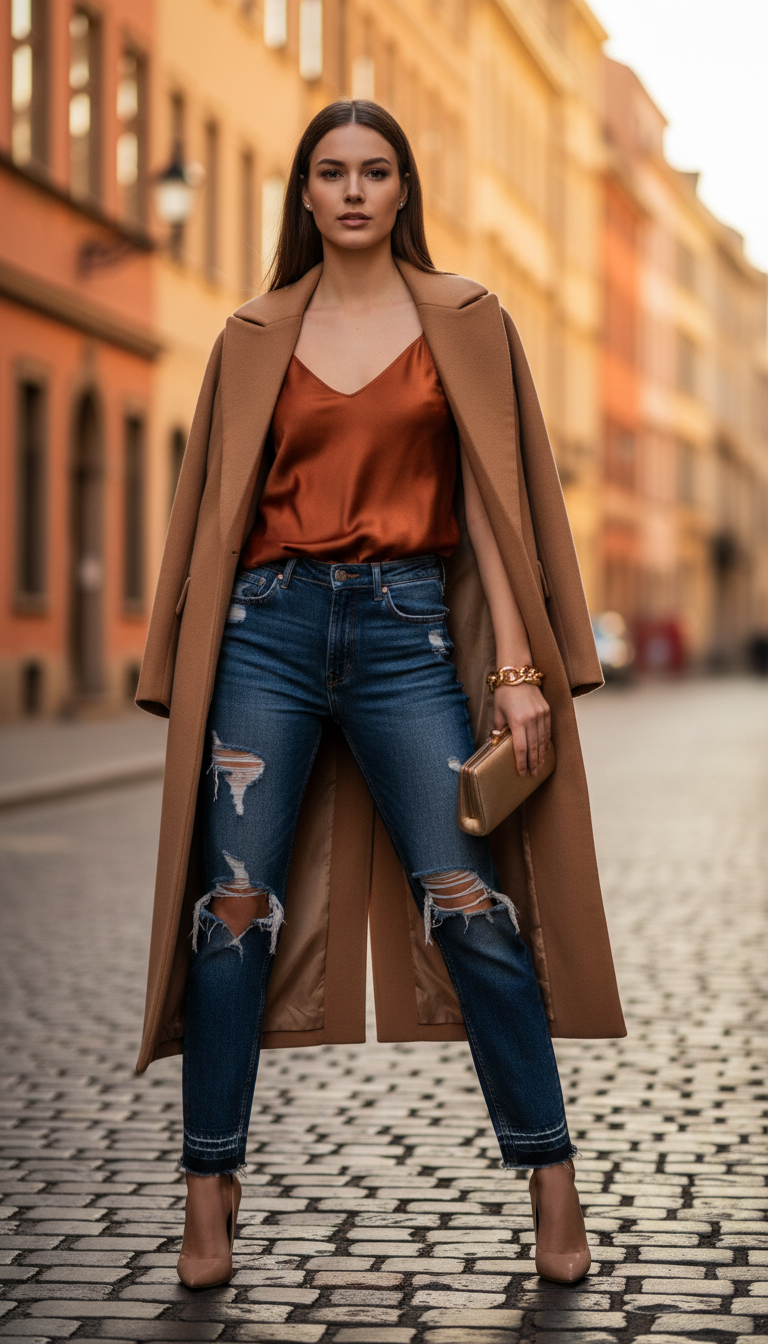 Dark blue ripped jeans outfit: Satin Camisole Date Night