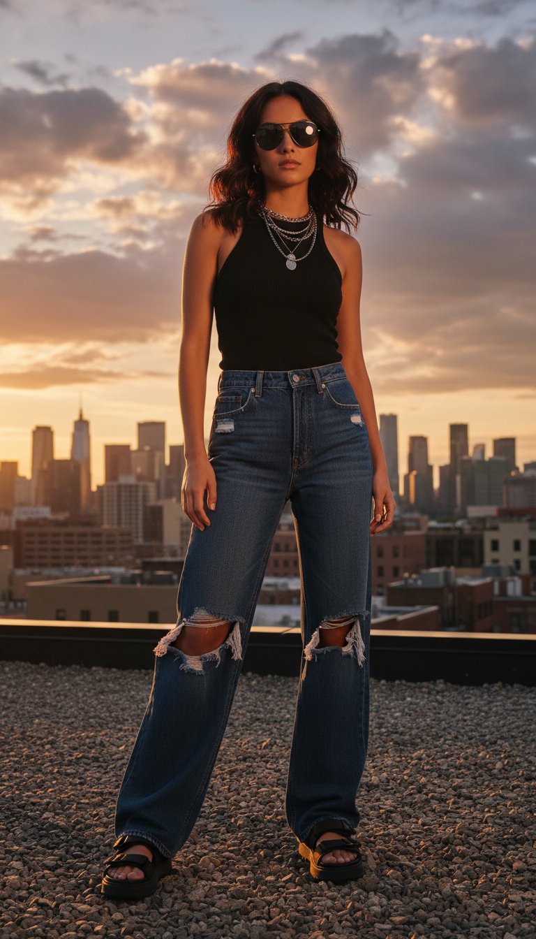 Dark blue ripped jeans outfit: Edgy Summer Minimalist