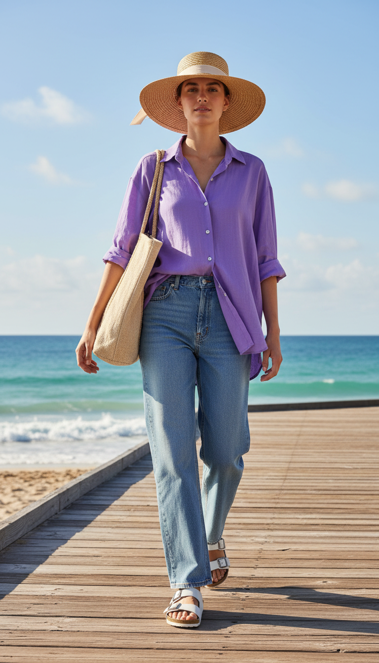 Woman wearing lavender oversized shirt with light blue wide leg jeans and white Birkenstock sandals on beach boardwalk