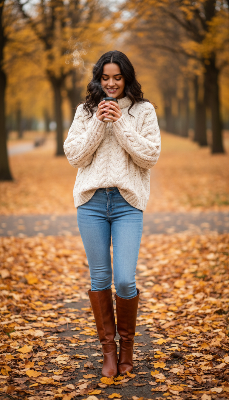 Woman wearing cream cable knit sweater with light blue skinny jeans and cognac riding boots