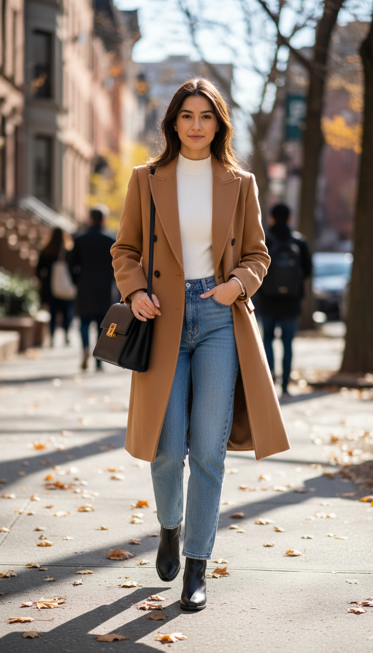 Woman wearing camel double breasted coat with light blue straight leg jeans and black Chelsea boots