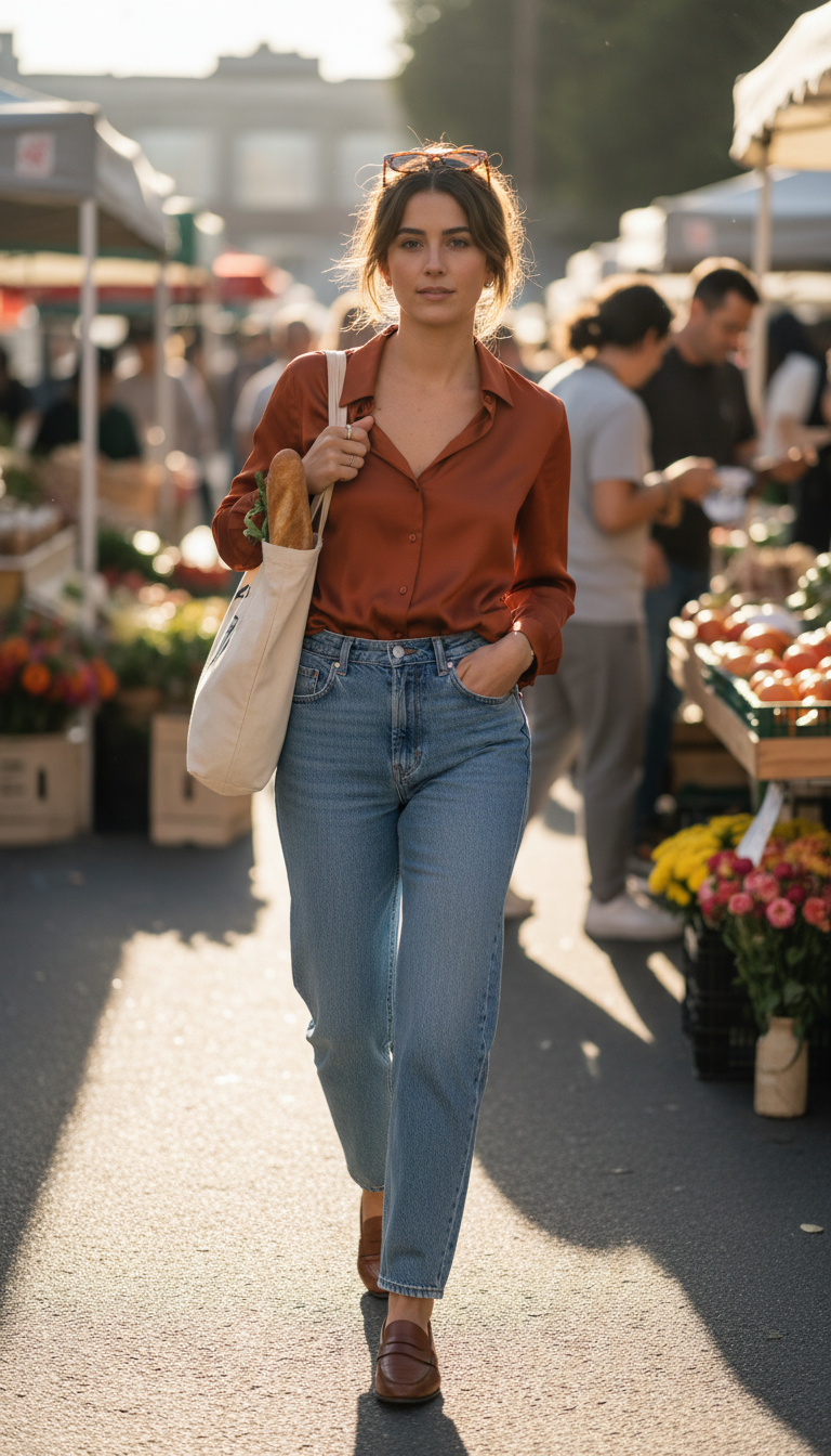 Woman wearing rust orange satin blouse with light blue relaxed jeans and brown loafers