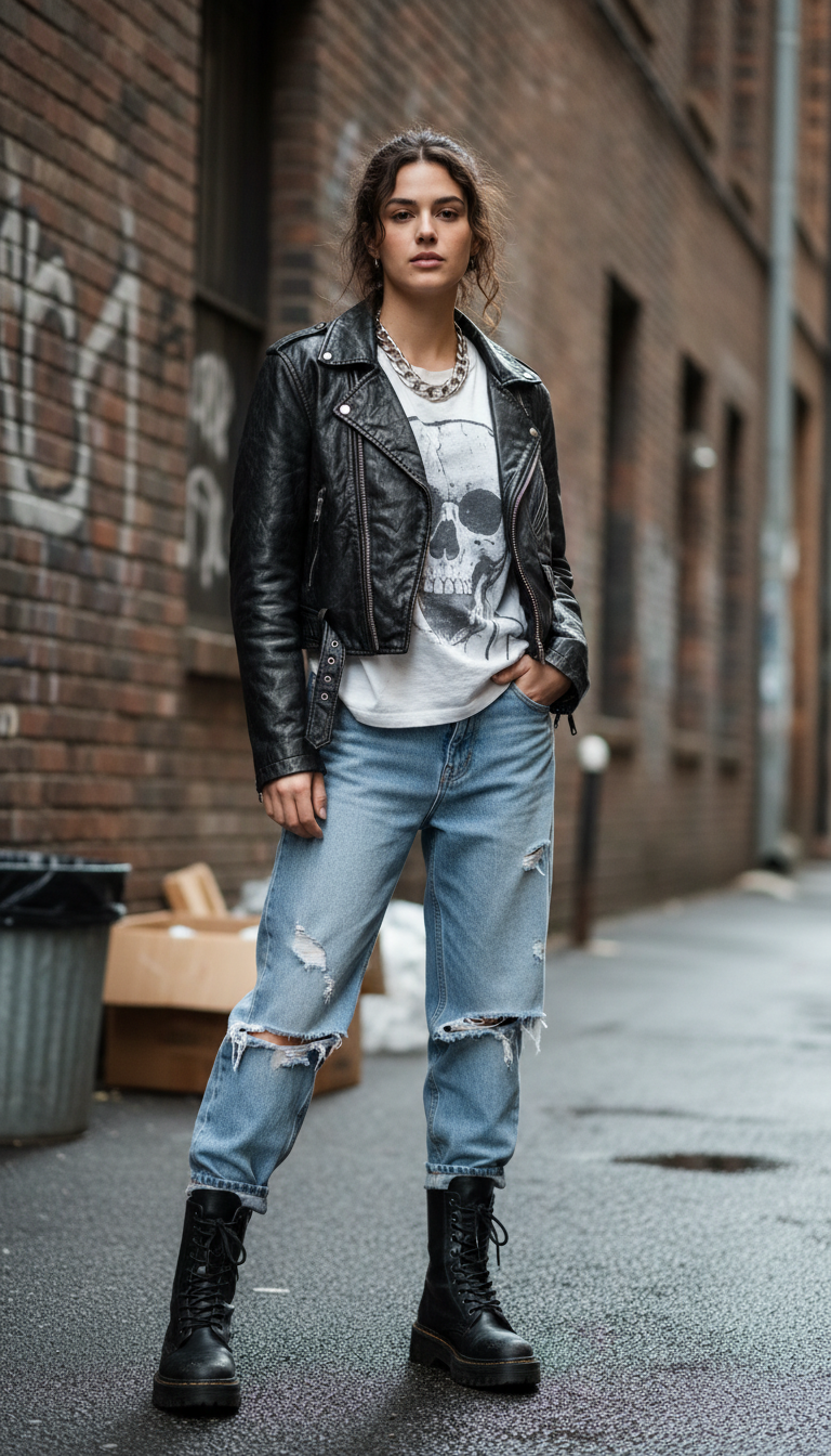 Woman wearing black leather jacket with distressed light blue boyfriend jeans and combat boots