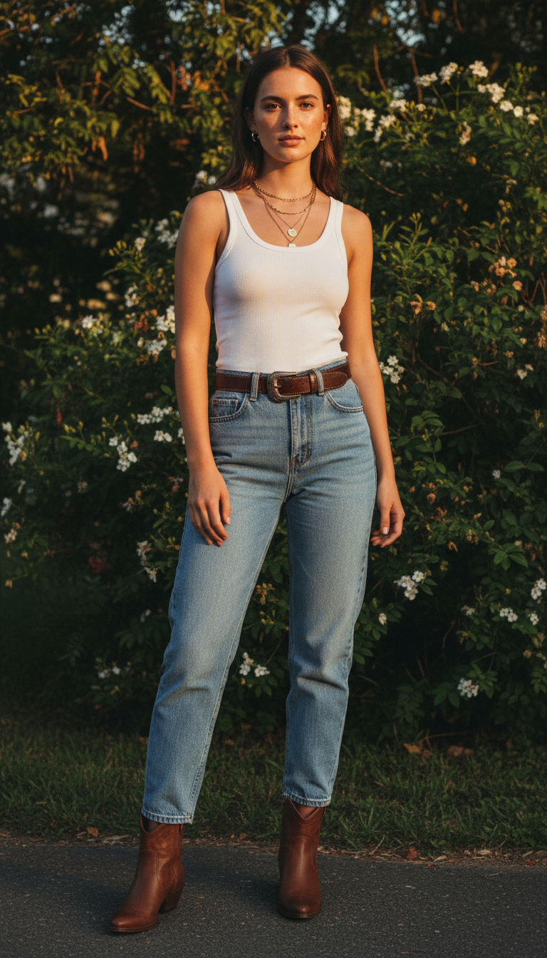 Woman wearing white ribbed tank top with light blue mom jeans and brown western boots