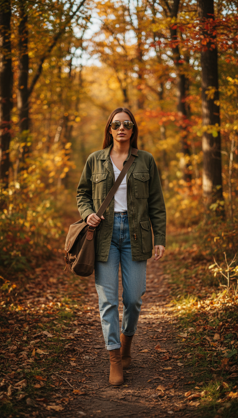 Woman wearing olive green utility jacket with light blue relaxed jeans and tan suede boots