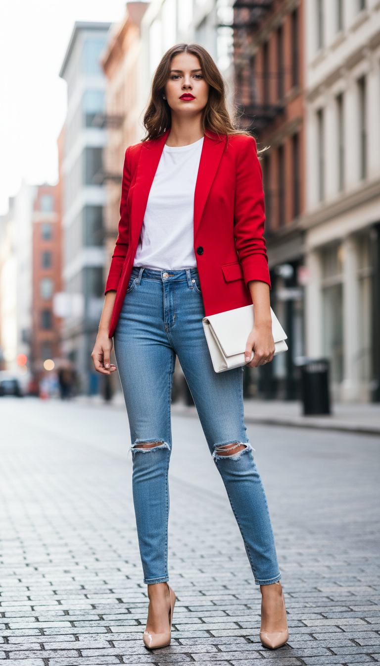 Woman wearing red blazer with light blue distressed slim jeans and nude stiletto pumps