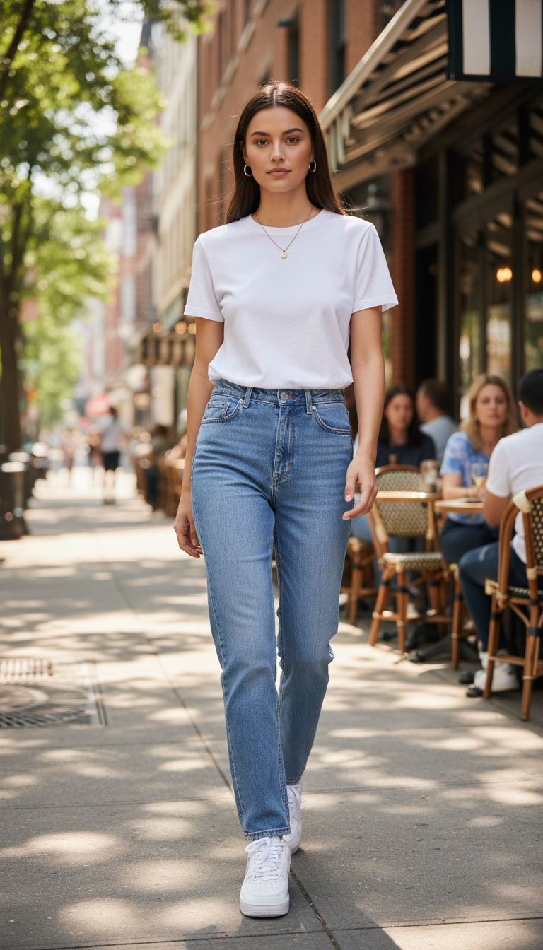 Woman wearing white t-shirt with light blue straight leg jeans and white sneakers on city sidewalk