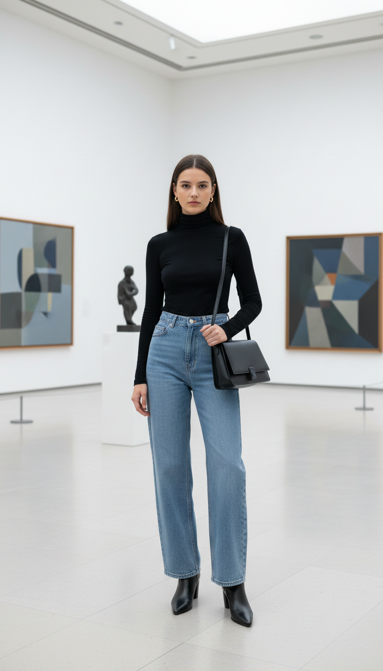 Woman wearing black turtleneck with light blue wide leg jeans and black ankle boots