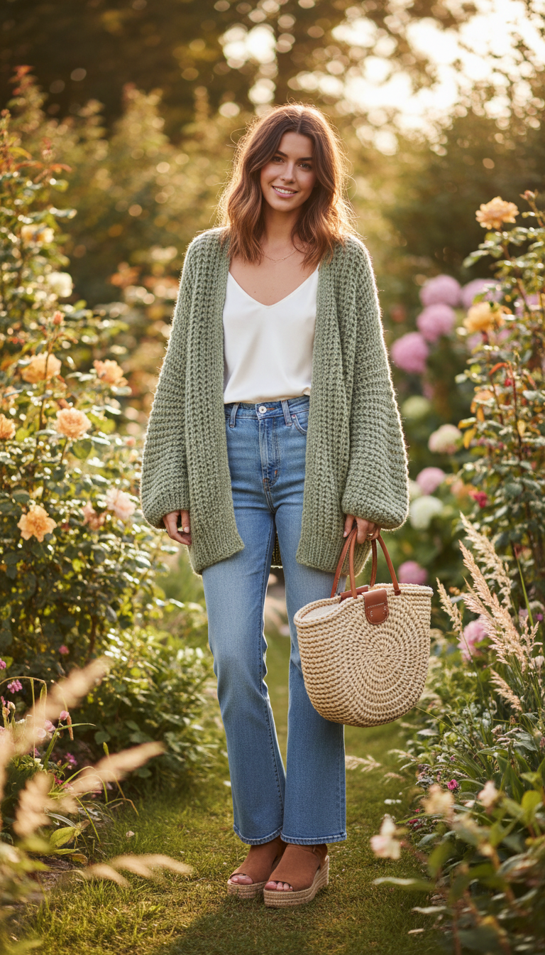 Woman wearing sage green cardigan with light blue flare jeans and platform sandals